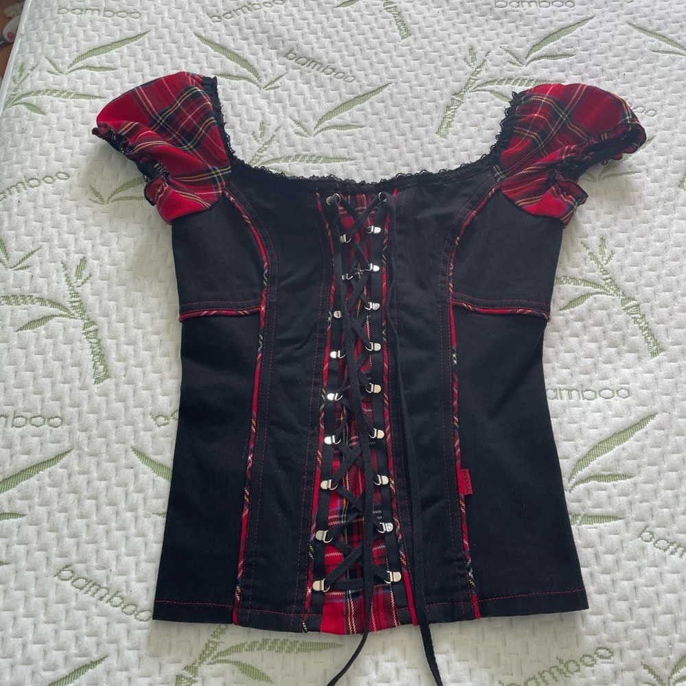 Tripp NYC Black & Red Plaid Lace-Up Corset Top